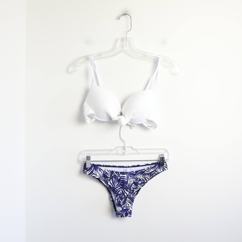 New Shein 2 piece swimsuit bikini top bottoms beach tropical blue white print S